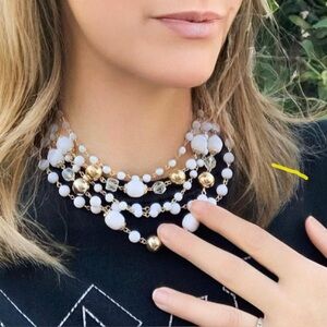 Vintage 5 Strand Retro Gold & White Beaded Necklace